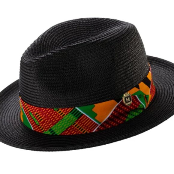 BLACK Braided Straw Fedora Hat - Kente Print Band ---2 1/2 INBRIMH- 107